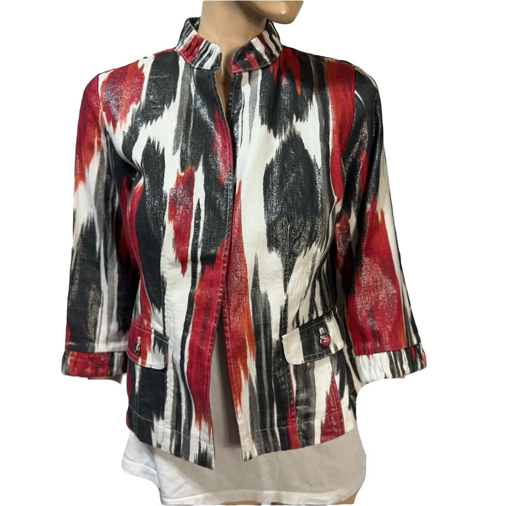 Chico's Alegra Aztec Painting Open Front Linen Blend Jacket Size 0 US 4 NWT
